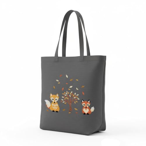 Delindo Lifestyle Kit de broderie au point de croix, renard d'automne, sac de courses gris avec kit de broderie, 44 x 37 cm, kit de broderie DIY avec fil