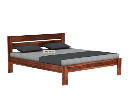 Image of Solid Sheesham Wood Queen Size Bed Without Storage | Wooden Double Bed Cot Palang for Bedroom Living Room Furniture (Honey Finish)