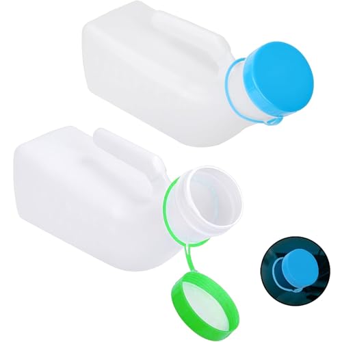 2 Pack Male Urinals for Men Glow in The Dark Lid by Tilcare (1 Pack) - 32oz/1000mL Thick Plastic Mens Bedpan Bottle with Screw-on Lid - Spill Proof Urinary Chamber - Male Portable Travel Pee Bottles