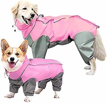 Bhumi Enterprises Dog Raincoats Jumpsuit Rain Snow Coats Waterproof Clothing 4 Four Legs Raincoat Full-Cover Dogs Hooded Poncho(Pink-Grey) (16) 3