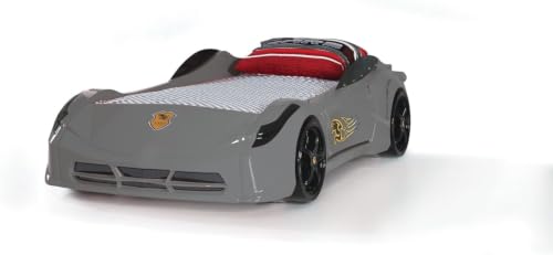 Image of ark future Kids Racing Car Bed Frame Sports Car Single Bed for Boys & Girls | Race Car Toddler Bed with Wheels & Safety Sides | Children's Bedroom Furniture, (Grey, Single With Mattress)