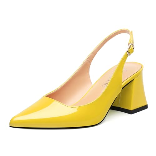 Women's Slingback Mid Block Heel Pumps Patent Pointed Toe Chunky Heels Adjustable Strap Comfort Wedding Dress Pumps Shoes 2.5 Inch