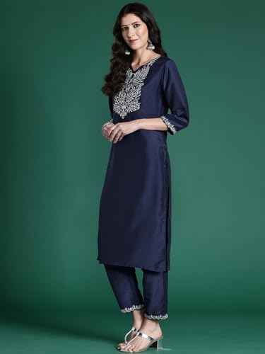 Image of INDO ERA Women's Silk Blend Embroidered Straight Kurta Pant With Dupatta Set