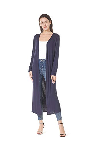 Image of Women's Solid Sweater Essential Duster Long Cascading Open Front Lightweight Blue Cardigan