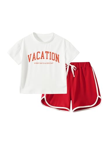 Image of Girls 6 Pieces Summer Outfits Casual Short Sleeve Tee Tops and Dolphin Shorts Set 4-12Y