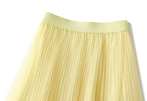 ZDRGE Women's Tulle Pleated Skirt Double Layer Stretch High Waist Chiffon Petticoat,Yellow