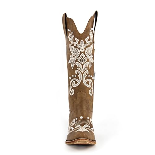 Agodor Cowboy Boots For Women Pearl Cowgirl Ladies Knee High Boots with Classic Embroidery Pointed Toe Chunky Heel Pull On Fashion Dress Wedding Western Booties2