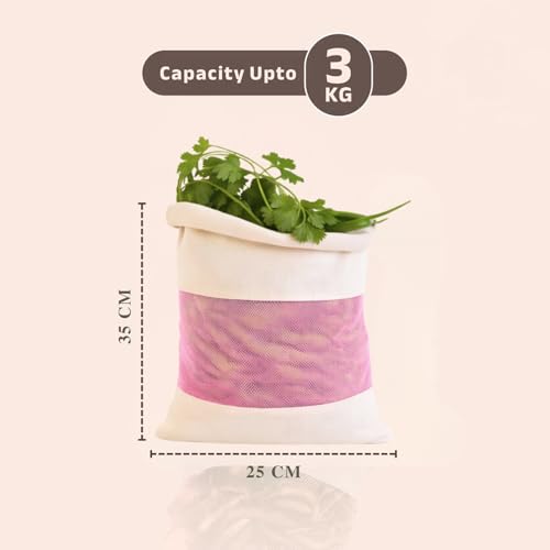 Image of Solitude Set of 3 Cotton Vegetable Bags Fridge Storage Bag Sabji Fruits Pouch Refrigerator Produce Muslin Reusable Washable & Multipurpose use Cloth Bags with Drawstrings
