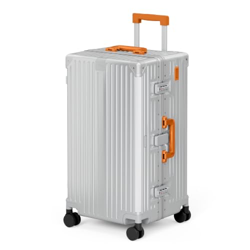 Image of ALPHA CAMP Trunk Luggage 26 Inch with Aluminum Frame Zipperless Suitcase | Checked Thickened 3-Layer PC Hardshell Luggage with TSA Lock,Charging Port,Cup Holder and Spinner Wheels for Holiday Travel