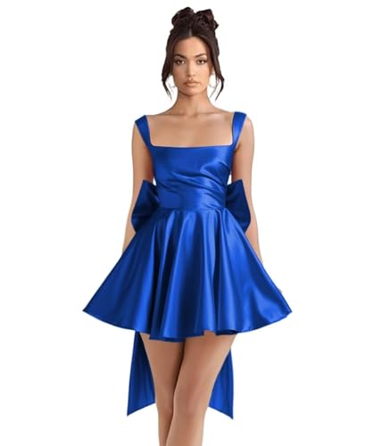 Wchecalino Square Neck Satin Homecoming Dresses with Bow HOCO Dress 2025 Short Cocktail Party Mini Gowns