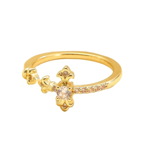 Genérico Anillo de flor de cruz de zircón para mujeres, anillo abierto ajustable elegante, regalo de joyería de cruz delicada para ella (Gold)