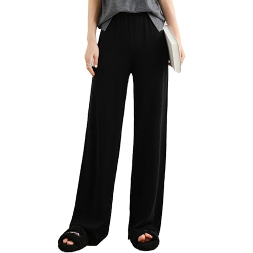Women's Summer 100% Merino Wool Wide Leg Pants Solid Elastic High Waist Knit Lounge Trousers Casual Lightweight
