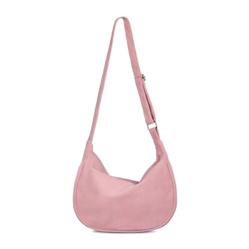 FITDON Sac à bandoulière en velours côtelé pour femme, petit sac à bandoulière Hobos avec sangle réglable, rose, L