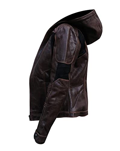 Fashion_First Mens Gavin Reed Motorcycle Brown Leather Biker Hooded Jacket Men/Womens
