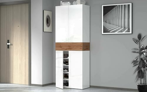 Dmora - Étagère à Chaussures Moris, étagère à Chaussures Peu encombrante à 5 Portes, Armoire d'entrée multifonctionnelle, 76x38h200 cm, Blanc et chêne