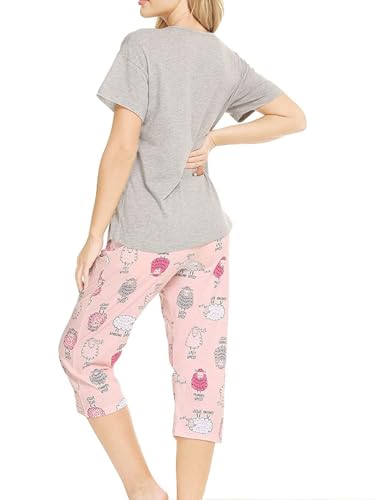 Image of CHUNG Women Cotton Pajama Sets Sleepwear pjs Short Sleeve Shirt Capri Length Crop Pants Cute Vivid Print