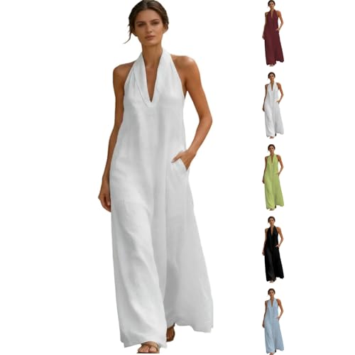 White Linen Dresses For Women,Linen Halter Maxi Dresses For Women 2026 Summer Casual Sleeveless Flowy Brunch Long Dress Beach Vacation Gauze Sundress(01_White,Medium)
