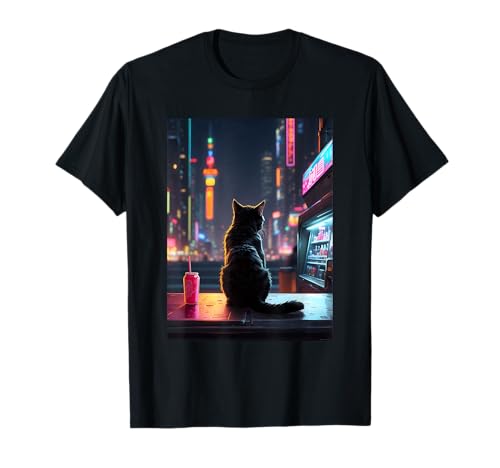 Cyberpunk Manga Art Gaming Neko Japanese Black Anime Cat T-Shirt