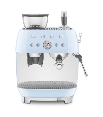 Smeg, EGF03PBEU, manuelle Espressomaschine, mit integrierter Kaffeemühle, Thermoblock, 4 Temperaturstufen, Dampfdüse und Druckmesser, 1-l-Tank, kompakte Größe, 1350 W, Creme, Pastellblau