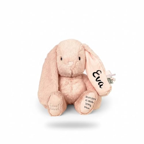 Mainely Conejo de peluche personalizado M – Suave y lavable – para bebés y niños pequeños – con nombre y fechas de nacimiento personalizadas – Etiqueta etiqueta (rosa)