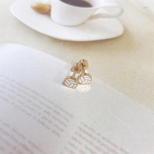 20g Volleyball Gold Plated Flat Screw Back Small Stud Earrings for Men Women Minimalist Cute Surgical Steel White Enamel Sports Fan Lover Cartilage Piercing Sleeper Tiny Studs Hypoallergenic Birthday Gift for Bff Christmas4