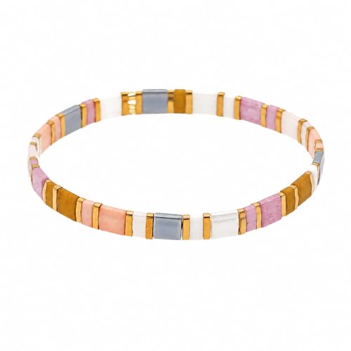 Image of EQUBIO Tila Beaded Stretch Bracelet for Women, for Daily Wear Gift for Her, M, Stainless Steel, no gemstone