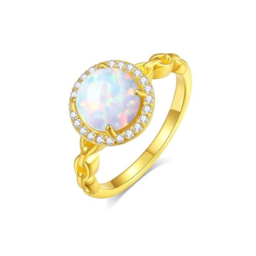 Delicado anillo de la amistad chapado en oro vintage, ópalo redondo con moissanita, oro amarillo de 9 quilates, talla 65 (20,7)