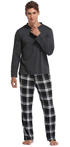 Vlazom Men's Long Sleeve Pajama Sets Pjs Sets Solid Tee and Plaid Pant Set S-XXL3