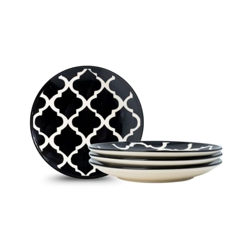 Image of Quarter Serving Ceramic 7.28 Inch Plates, Moroccan Decorative Dinnerware Side Thali for Snacks, Dessert, Small Meals, Salad & Gifting (Charcoal Black, Set of 4)
