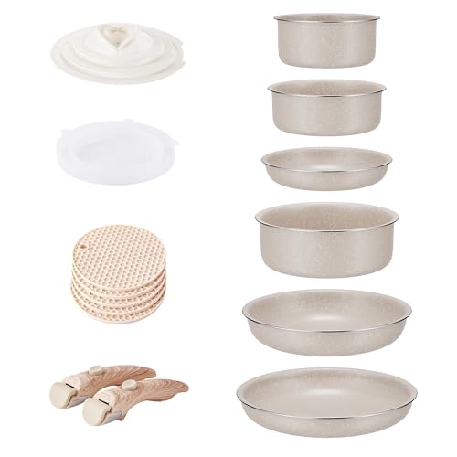 RIOVARM Induktion Töpfe und Pfannen Set mit abnehmbaren Griffen, Antihaft Granit Stapelbar Kochgeschirr-Set mit Silikon Deckeln, Platzsparend Topf- & Pfannensets ohne PFOA, Bratpfanne, Casseroles