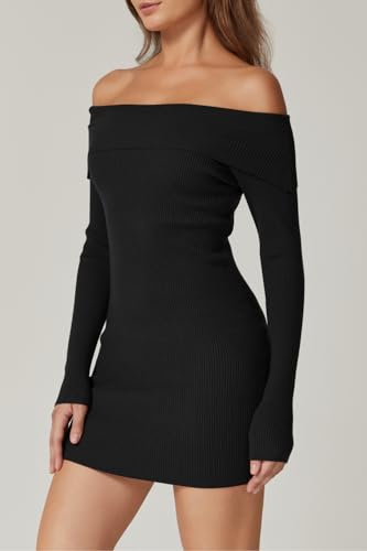 QINSEN Women's Off The Shoulder Ribbed Knit Sweater Dress Folded Neck Long Sleeve Mini Dress 2024 Trendy Fall Outfits3