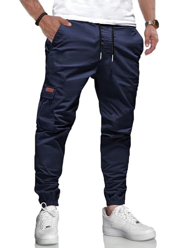 LIUPMWE Pantalones de Trabajo Hombre Casuales Deportivo Elásticos Pantalón Jogging Hombre Algodón Slim Fit con Bolsillos Cargo Pants con Cordón,Azul 05,M