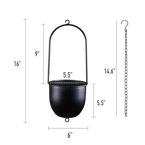 Image of Metal Hanging Planters Set of 2 with 6 Inch Oval Pots - Stackable and Connectable Plant Hangers - Black Modular Wall and Ceiling Mount Holders for Indoor and Houseplants