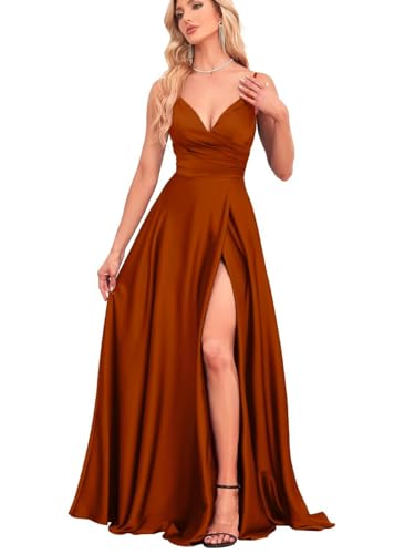 IIF Spaghetti Strap Bridesmaid Dresses for Women V Neck Satin Prom Dress with Slit A Line Long Formal Gowns with Pocket US Size 10 IIF023 Burnt Orange
