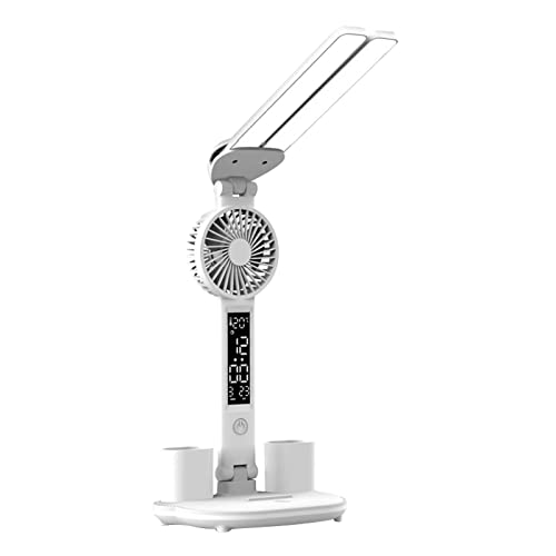 Colcolo Table Lamp LED Desk Lamp with Fan Pencil Holder Phone Stand Multifunctional USB Rechargeable Reading Lamp Eye Protection for Bedroom Study (Plug in)