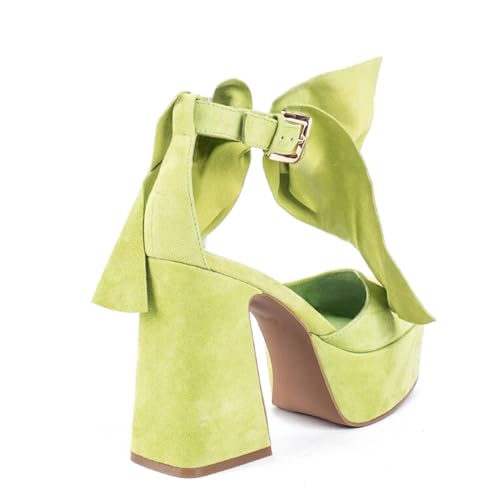 Platform Block Heel Sandals For Woman, Suede Bow Ankle Buckle High Heels, Round Toe Chunky Heeled Platform Sandals, Lovely Party Date Dress Heels For City Girls4