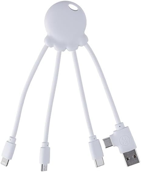 Xoopar Multi USB 4 in 1 Octopus Cable - Universal Charger in Recycled Plastic from the Oceans - USB, USB-C, Lightning, Micro USB Plugs - Compatible with All Smartphones - Octopus OBP White