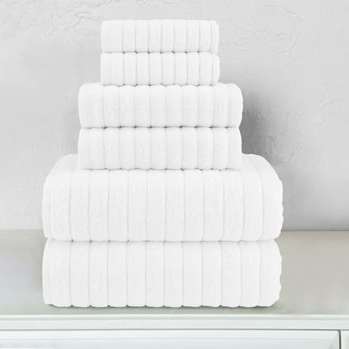 Elegant Comfort 100% Turkish Cotton Corduroy Ribbed Luxury Bath Towels 6-Piece Set, Premium Feel - Quick Dry, Highly Absorbent, Contains 2 Bath Towels, 2 Hand Towels, and 2 Washcloths, White
