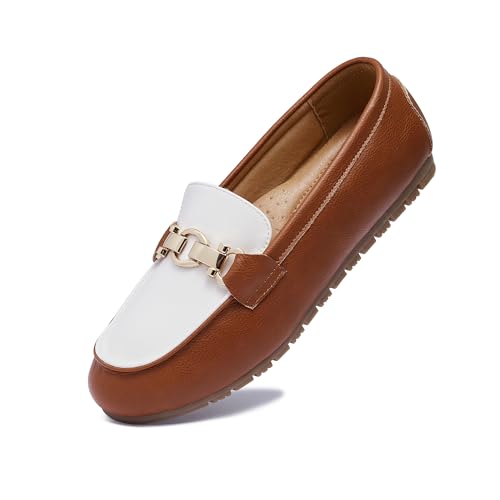 Image of VERDASCO Womens Loafers Casual Slip On Flat Shoes Moccasins Penny Loafers Comfortable Bussiness Dress Shoes Leather Brown White 6