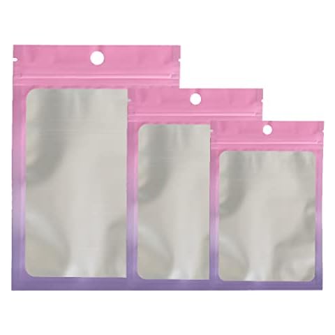 HARMOSO 50-pack Mylar Bags Resealable Bags for Small Business with front Window Smell Proof Bag Clear Bags for Packaging bracelet candy gummies Gradient Color (Pink-Violet Gradient) Cover