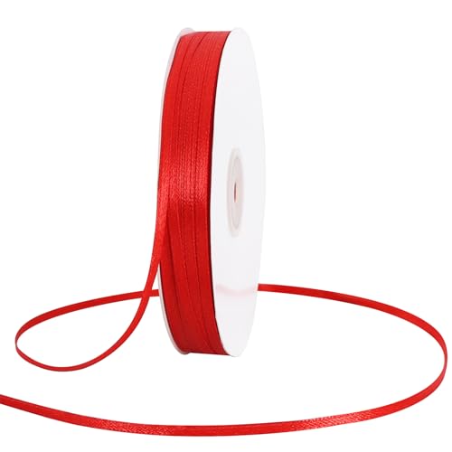 TONIFUL 3mm x 183m Red Thin Solid Satin Ribbon Giant Spool Double Face Woven Polyester Fabric Ribbons for Crafts Hanging Tags Invitation Card Balloons Bouquet Hair Gift Wrapping Party Decoration