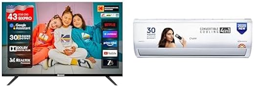 KODAK 108 cm (43 inches) 9XPRO Series Full HD Certified Android LED TV 439X5081 (Black) | Cruise 1.5 Ton 5 Star Inverter S...