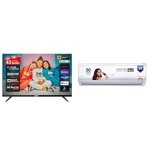 KODAK 108 cm (43 inches) 9XPRO Series Full HD Certified Android LED TV 439X5081 (Black) | Cruise 1.5 Ton 5 Star Inverter S...