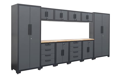 Image of TCE Heavy Duty 12 Piece Garage Storage System: Metal Organization Workbench and 4-Drawers Rolling Cabinet, Black /Grey