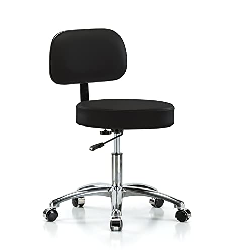 Perch Chrome Walter Rolling Height Adjustable Exam Stool with Back for Hardwood or Tile | Desk Height | 300-Pound Weight Capacity | 12 Year Warranty (Black Vinyl)