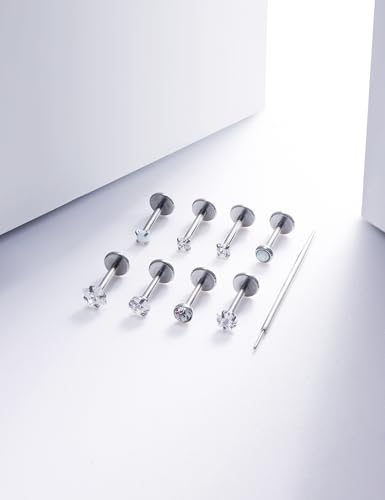 20G 18G 16G Threadless Push in Nose Rings Studs Flat Back Studs Earrings Surgical Stainless Steel Opal Nose Rings Stud Tragus Helix Conch Cartilage Earrings Piercing Jewelry For Women Men3