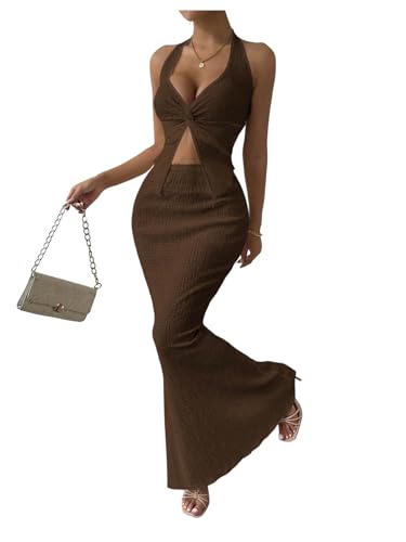 SOLY HUX Women's Two Piece Outfits Twist Front Halter Cami Tops and Skirt Summer Set Plain Brown Small