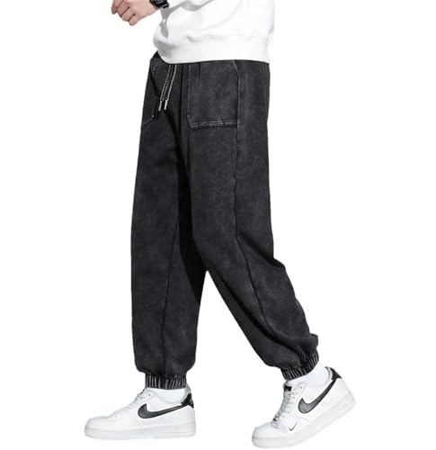 Men Haren Pants Black Washed Denim Jeans Nine Point Ankle Sports Trousers Hip Hop Straight Pants