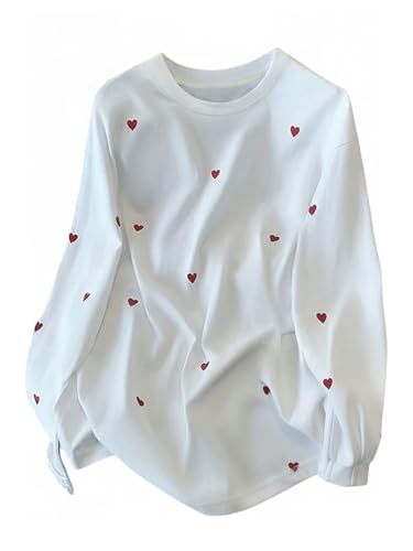 Verdusa Women's Heart Print Long Sleeve Shirts Cute Graphic Tees