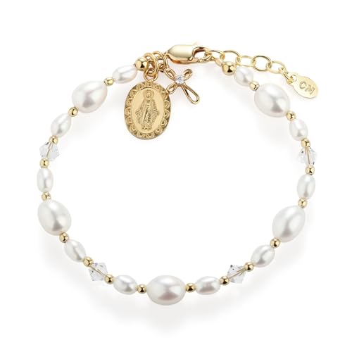 Cherished Moments Children's 14K Gold-Plated Bracelet with Cultured Pearls, Miraculous Medal, and Cross First Communion Gift for Girls (6-12 years)